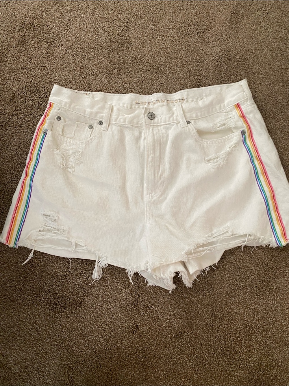 American Eagle Outfitters White Distressed Denim Shorts with Rainbow Side Trim